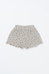 Flat Lay of Avauma Petit Bloom Rosy Cream Baby Shorts, Beige Cotton Shorts with Pink Rose Floral Print